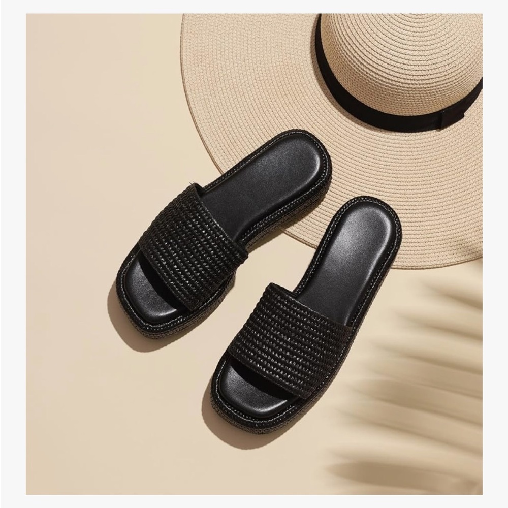 VINCE black Raffia Slide Sandals